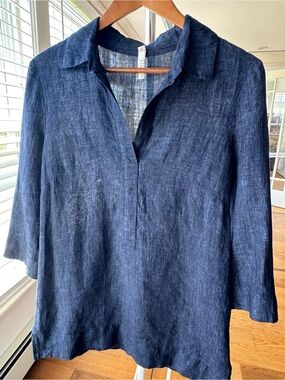 Nuthatch Navy Linen Popover Tunic, V-Neck, 3/4 Length Sleeves, Relaxed Fit